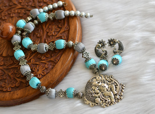 Silver tone sky blue-grey Silk thread Ganesha necklace set dj-14404