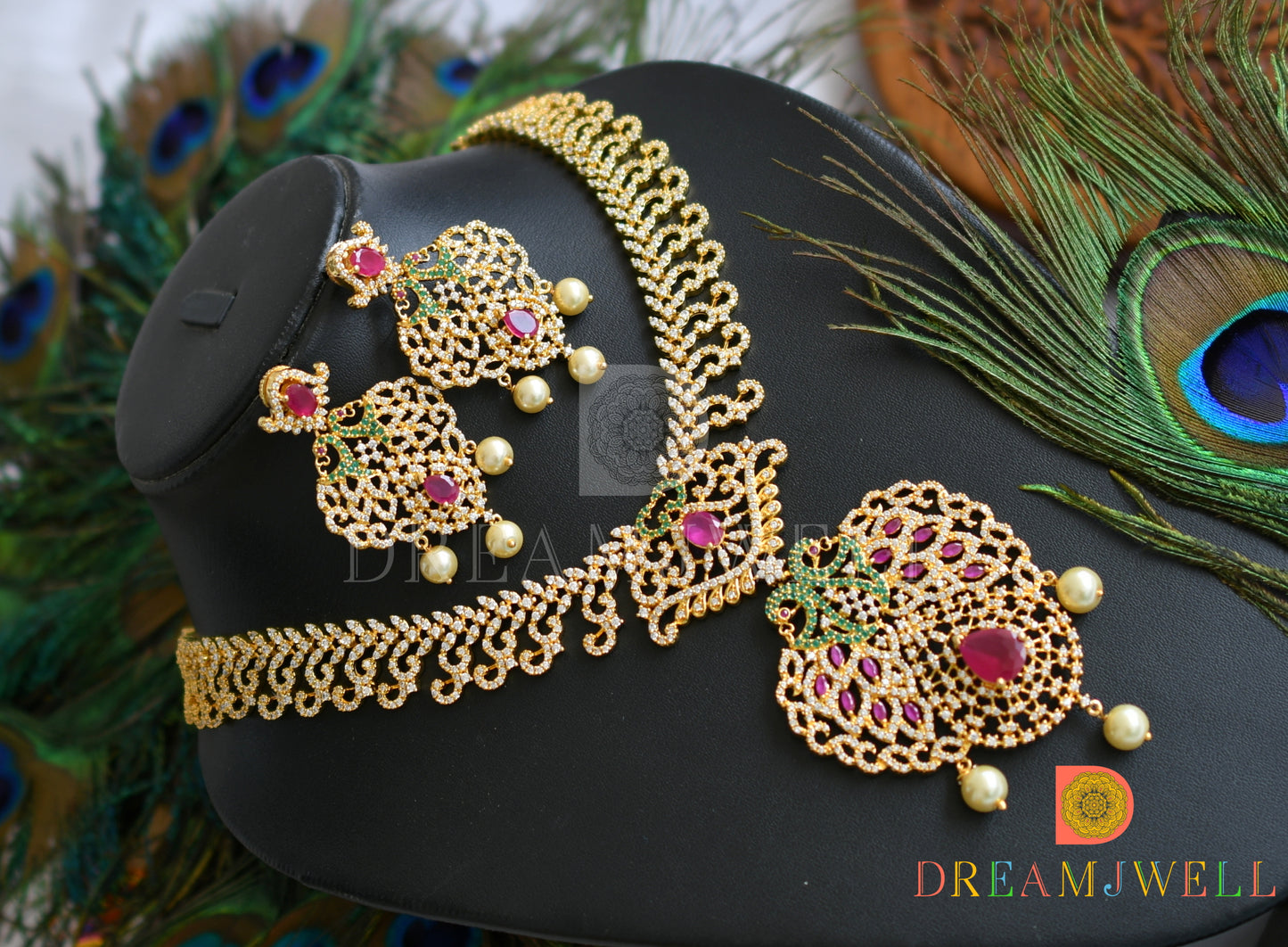 Gold tone semiprecious ruby-emerald necklace set dj-03764