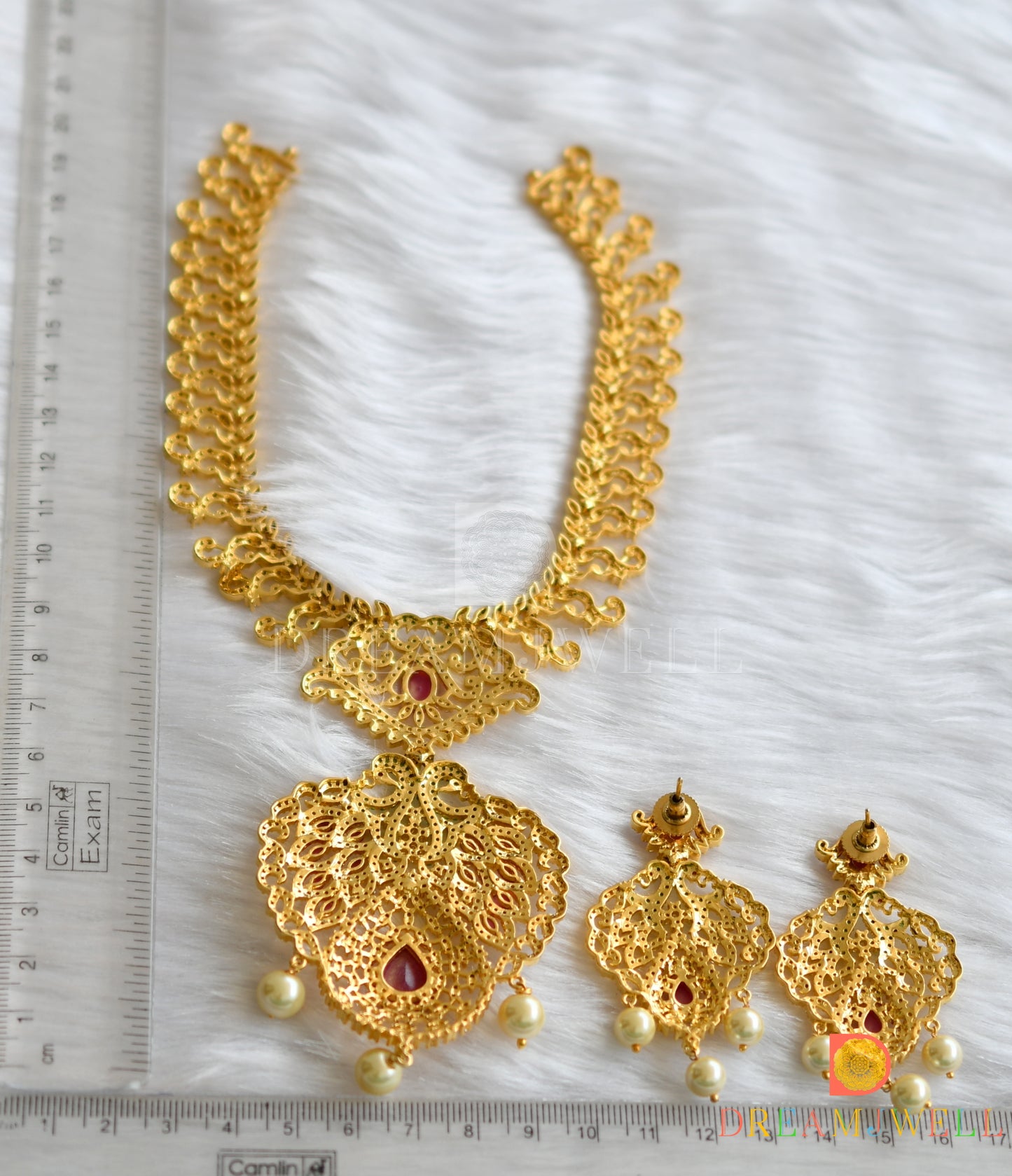 Gold tone semiprecious ruby-emerald necklace set dj-03764