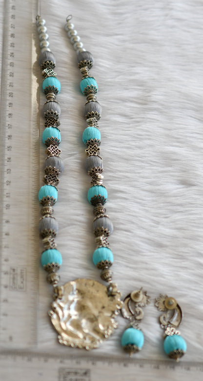 Silver tone sky blue-grey Silk thread Ganesha necklace set dj-14404