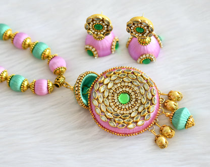 Silk thread pink-green necklace set dj-19684