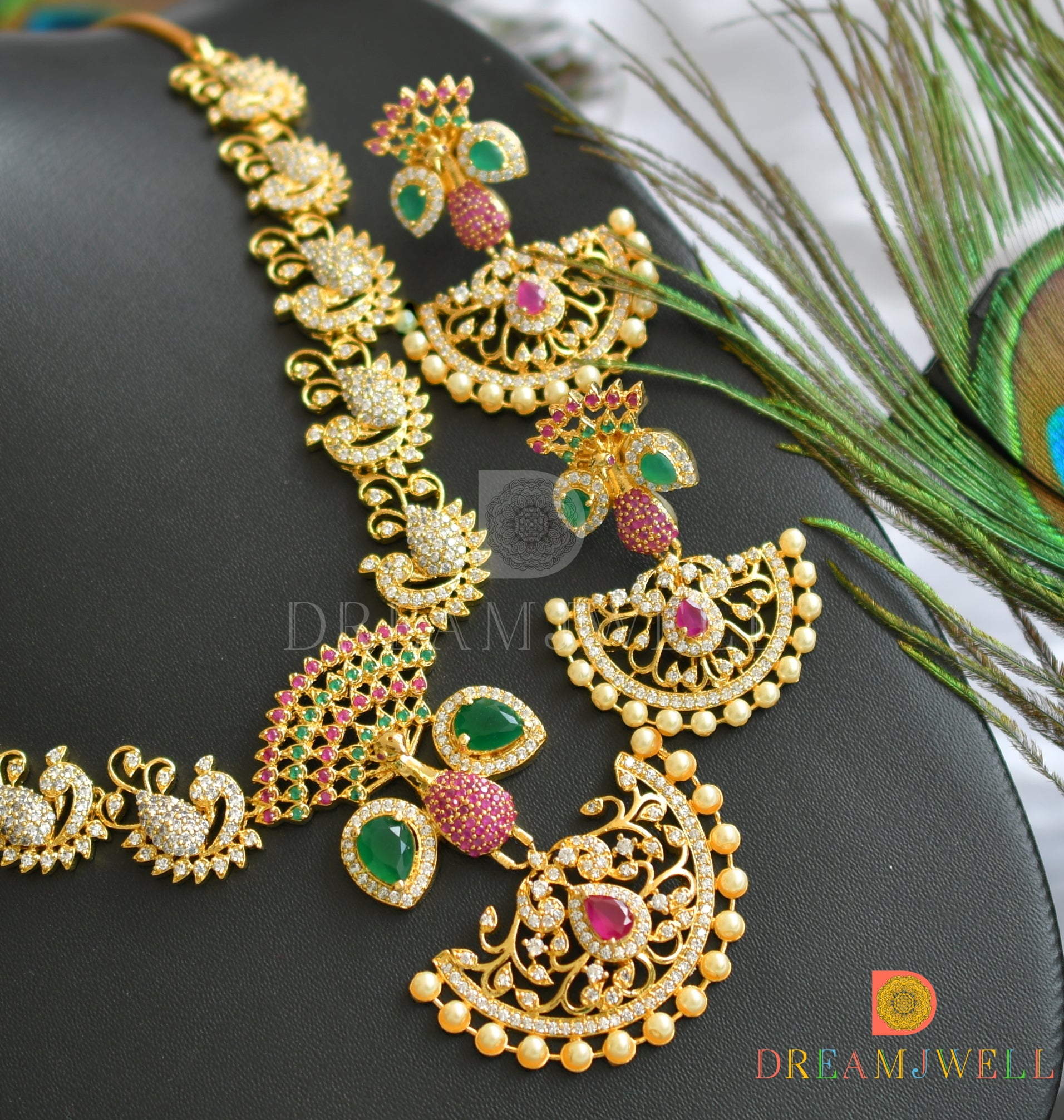 Gold tone cz ruby-emerald peacock necklace set dj-01770