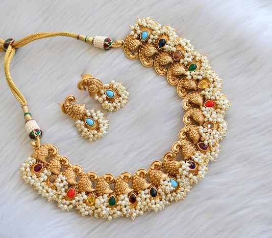 Matte finish navarathna peacock pearl cluster necklace set dj-31988