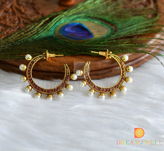 Antique finish maroon pearl hoop earrings dj-14990