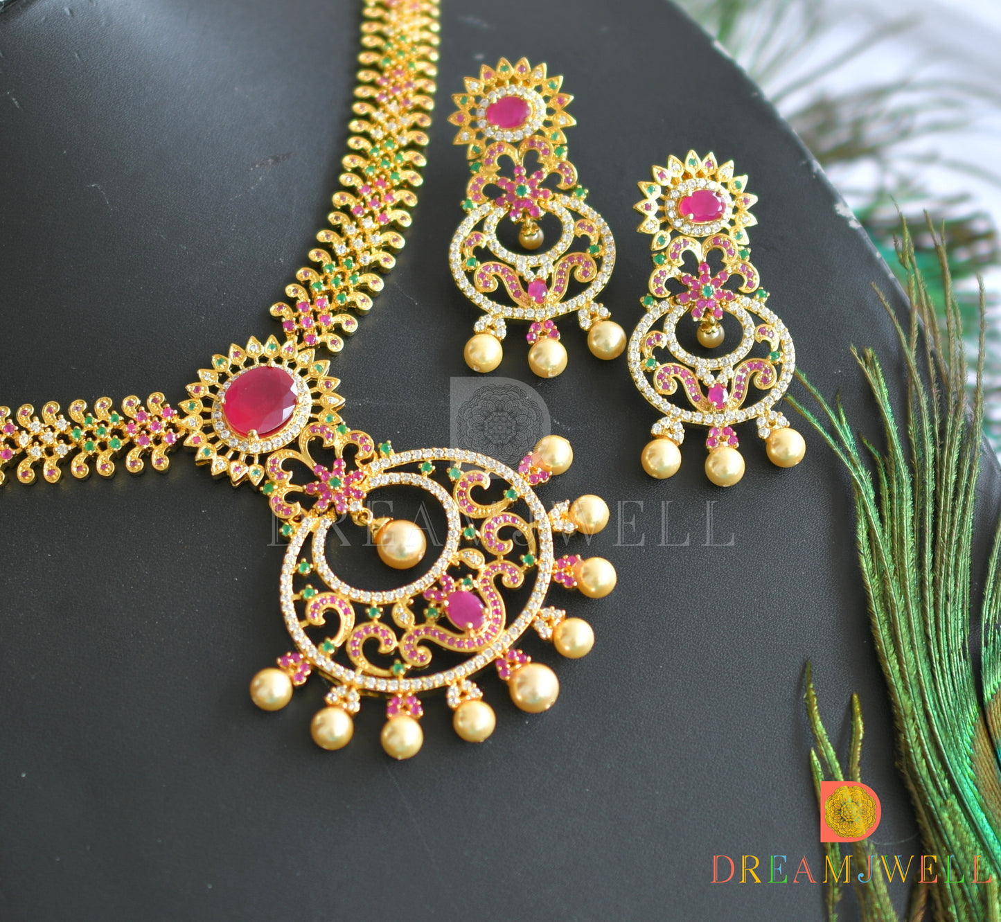 Gold tone cz-ruby-emerald bridal necklace set dj-01898