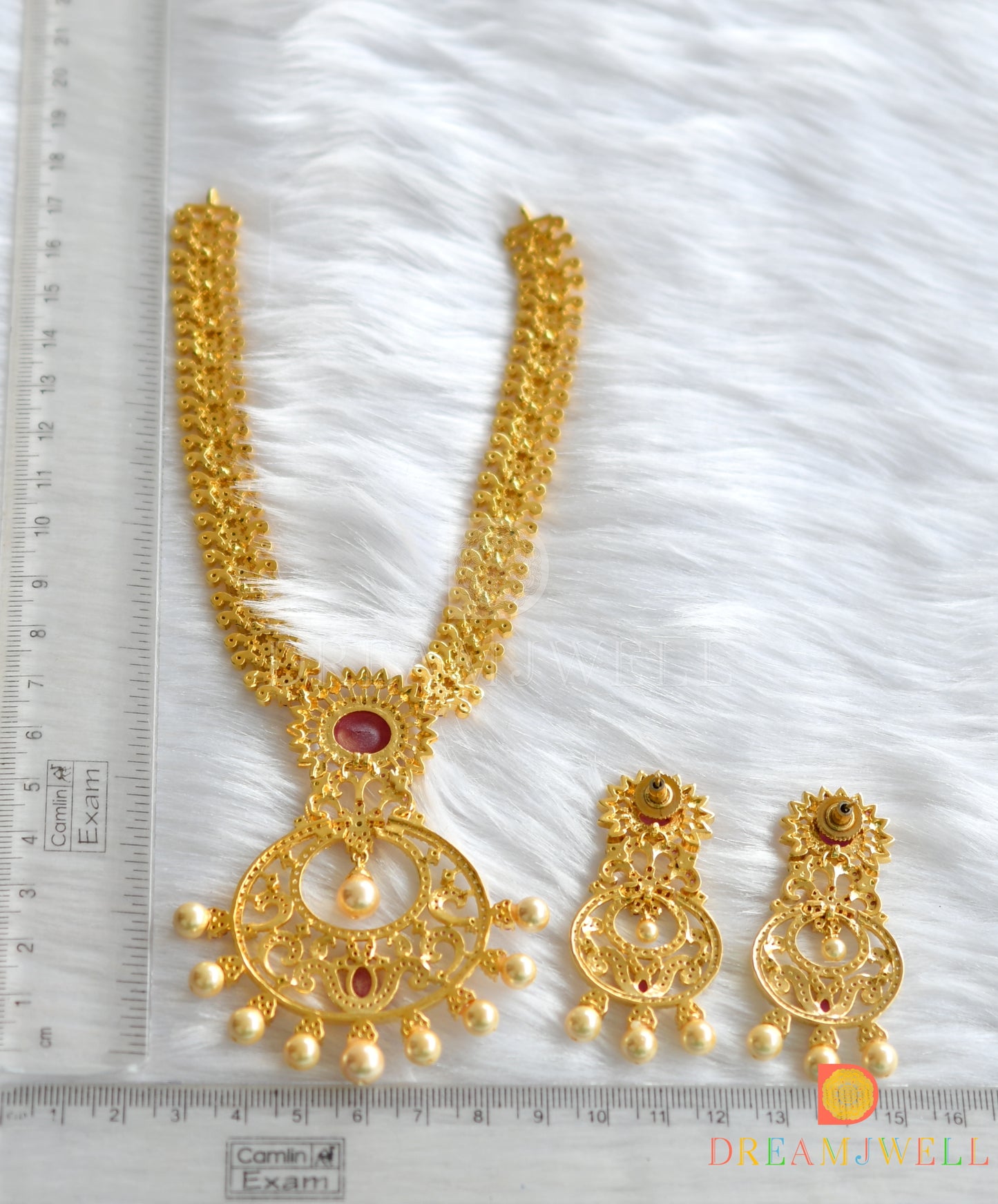 Gold tone cz-ruby-emerald bridal necklace set dj-01898