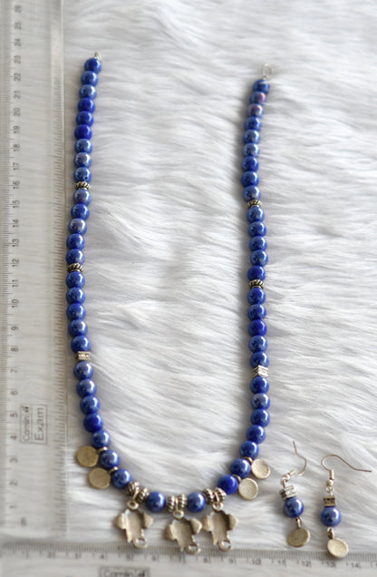 Silver tone handmade blue beaded Ganesha necklace set dj-13810