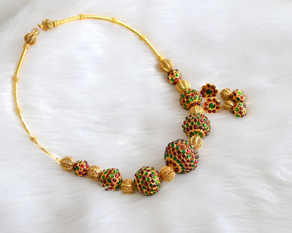 Gold tone Kemp-green Rudhra ball beaded necklace set dj-15125