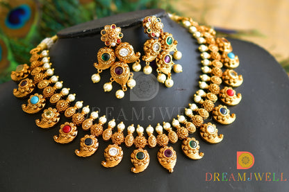 Matte finish navarathna mango necklace set dj-37075