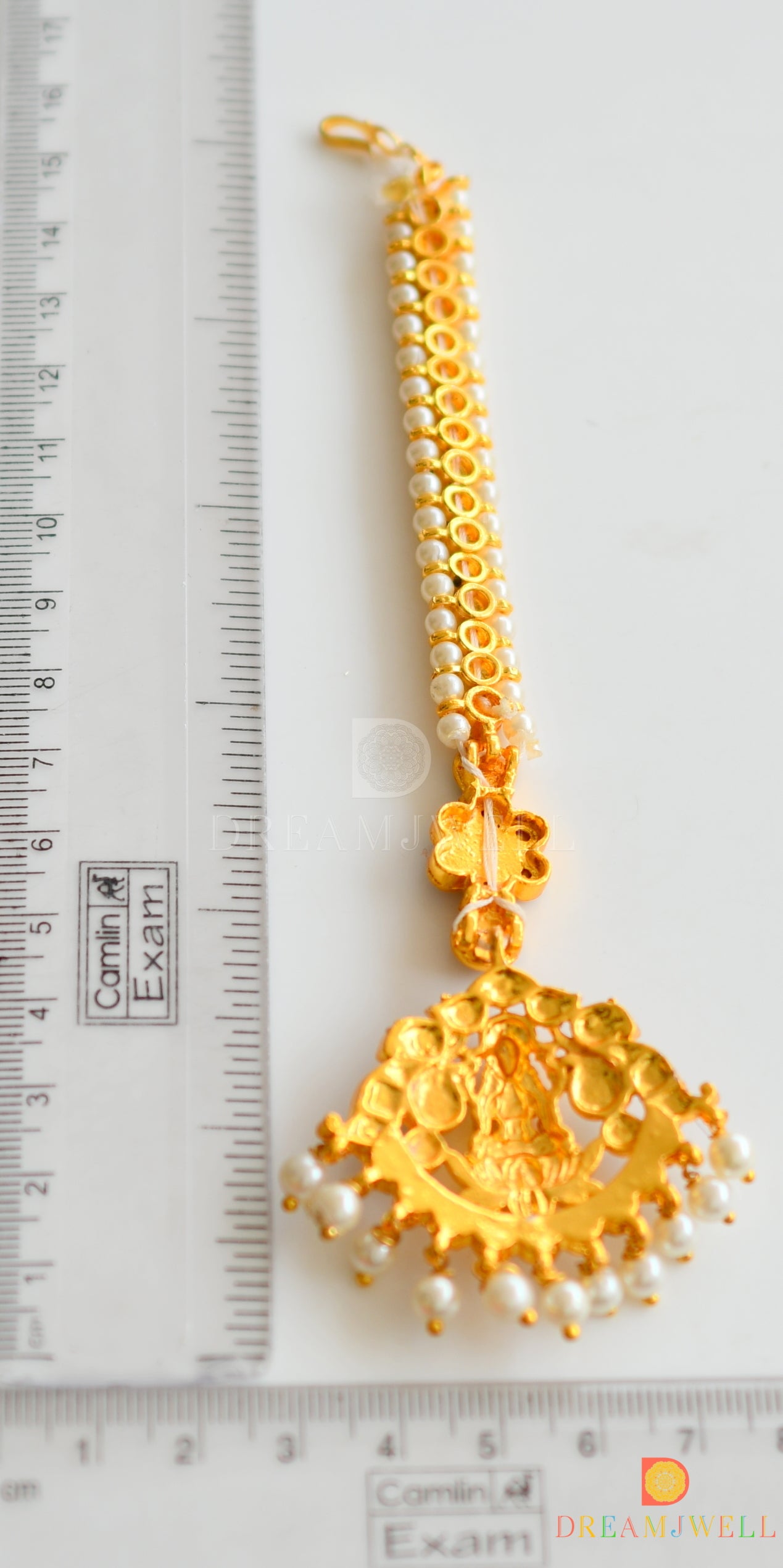 Gold tone kemp-green-white pearl Lakshmi tikka dj-36338