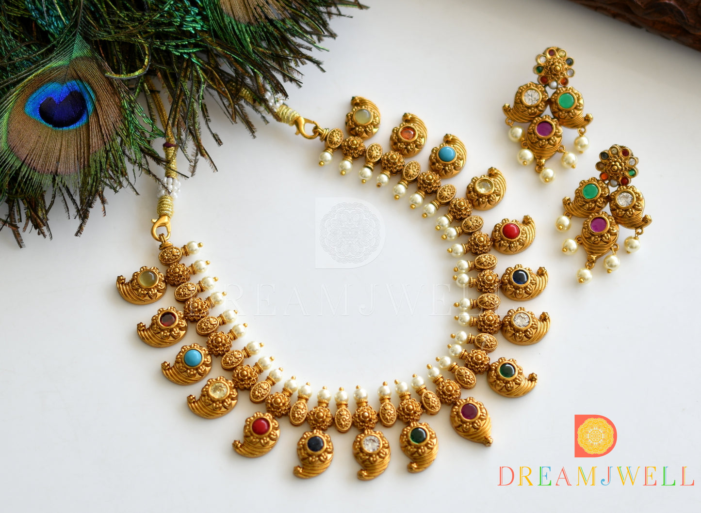 Matte finish navarathna mango necklace set dj-37075