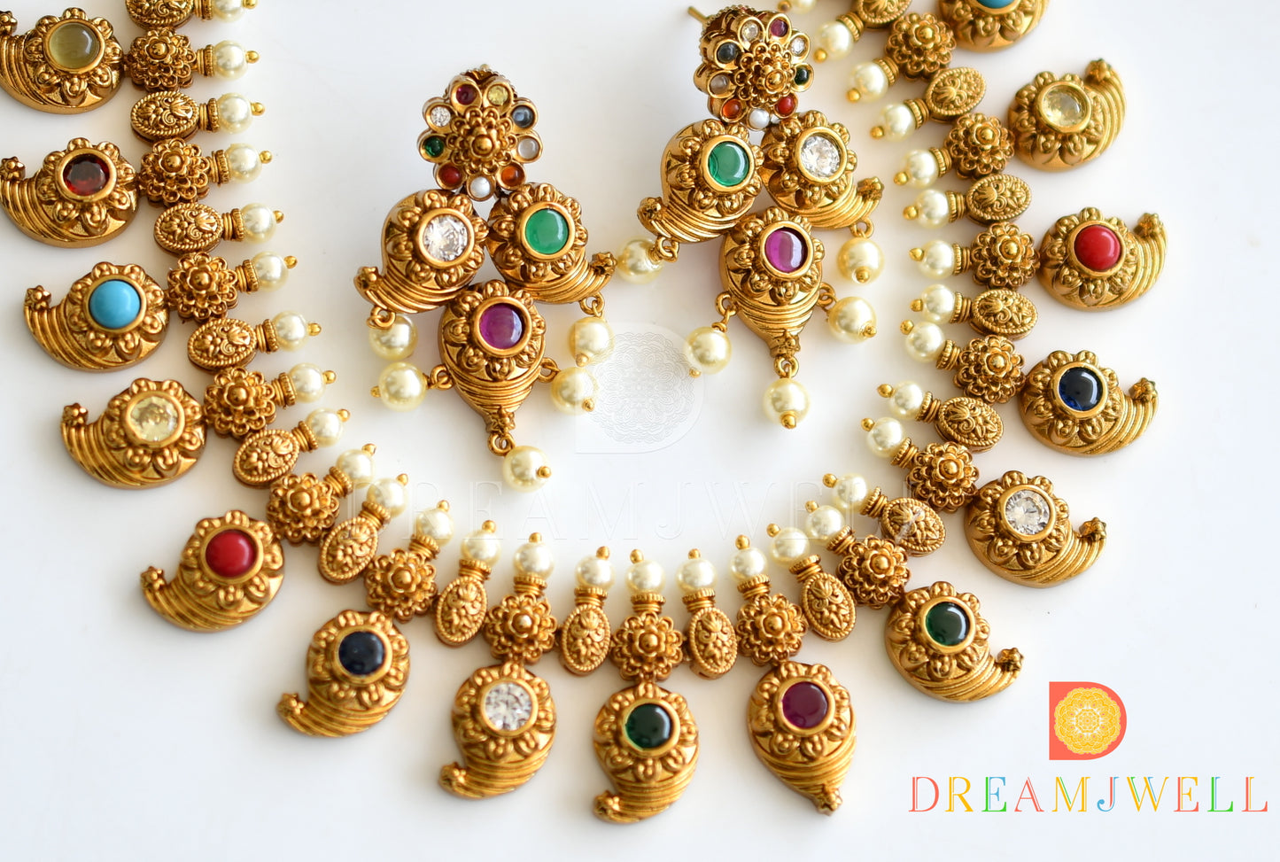 Matte finish navarathna mango necklace set dj-37075