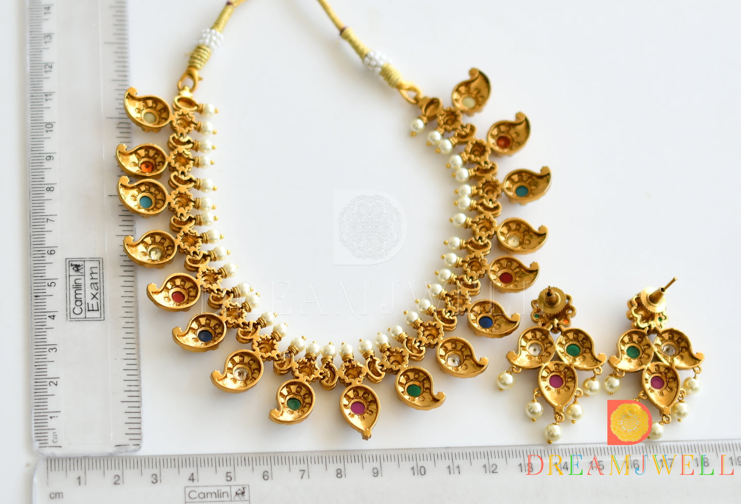 Matte finish navarathna mango necklace set dj-37075