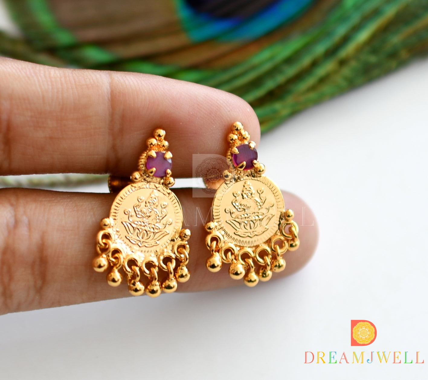 Gold tone pink stone ganesha-lakshmi coin necklace set dj-37076