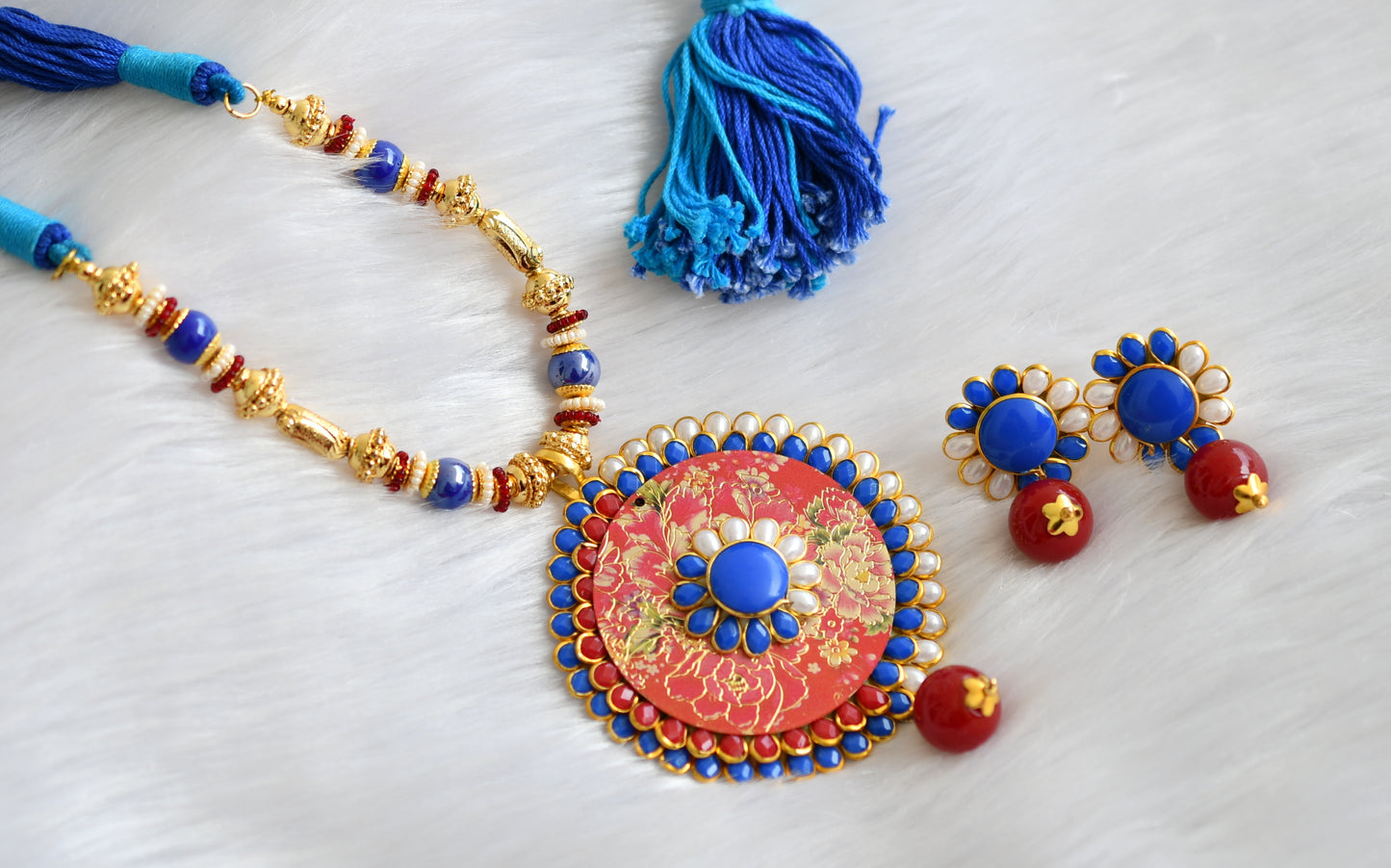 Handmade blue pachi pendant necklace set dj-02351
