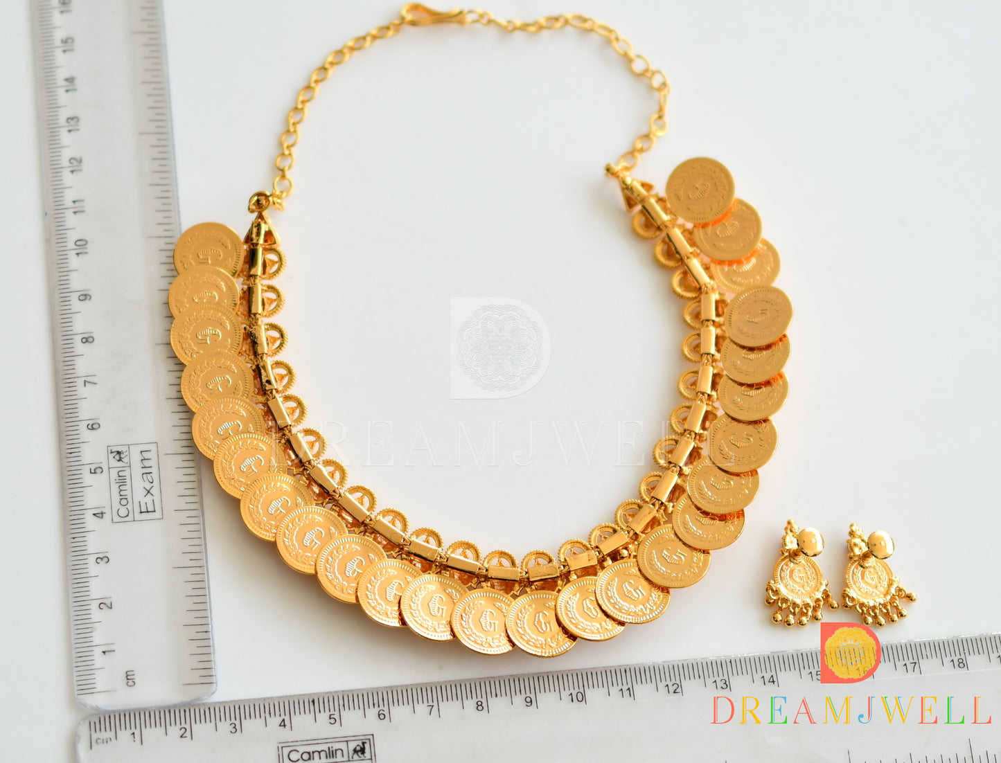 Gold tone pink stone ganesha-lakshmi coin necklace set dj-37076