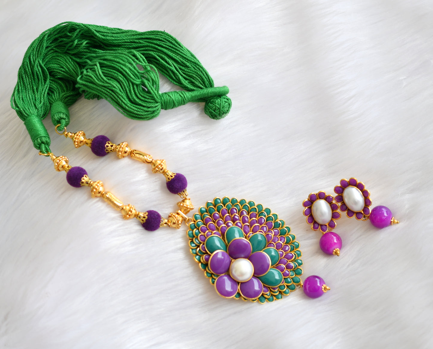 Handmade purple-green pachi pendant necklace set dj-02366