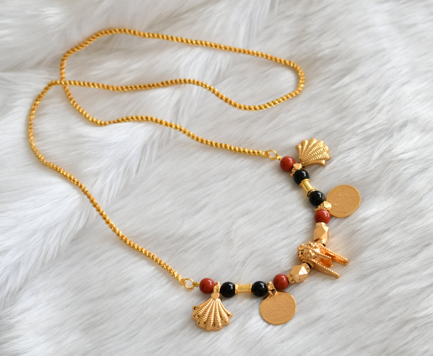 Gold tone coral-black beads Lakshmi coin mangalyam dj-38672