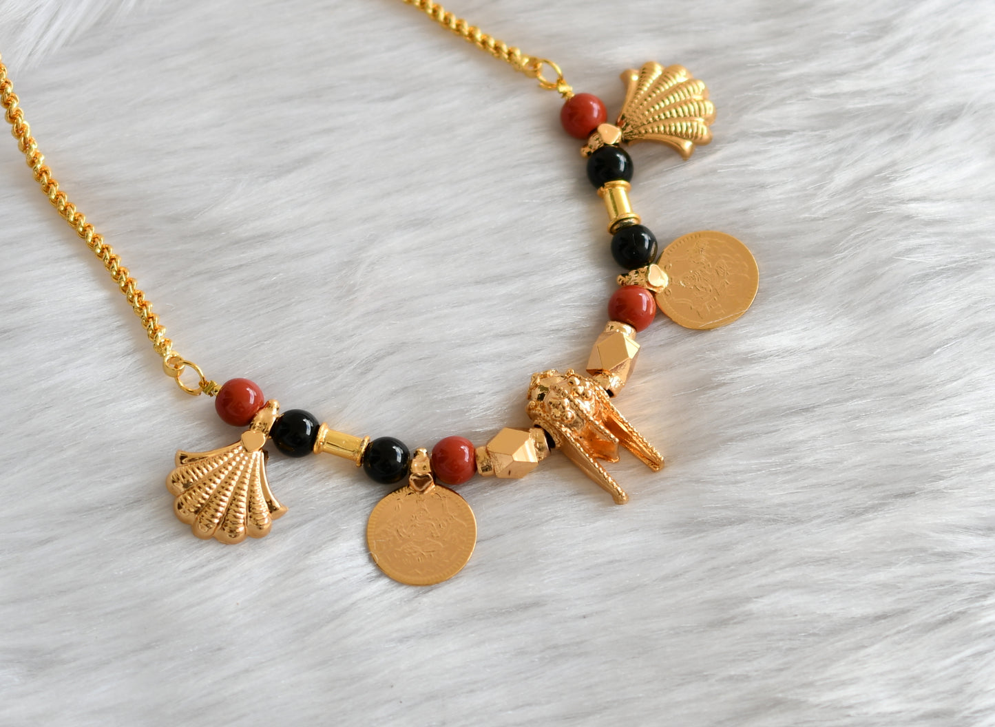 Gold tone coral-black beads Lakshmi coin mangalyam dj-38672