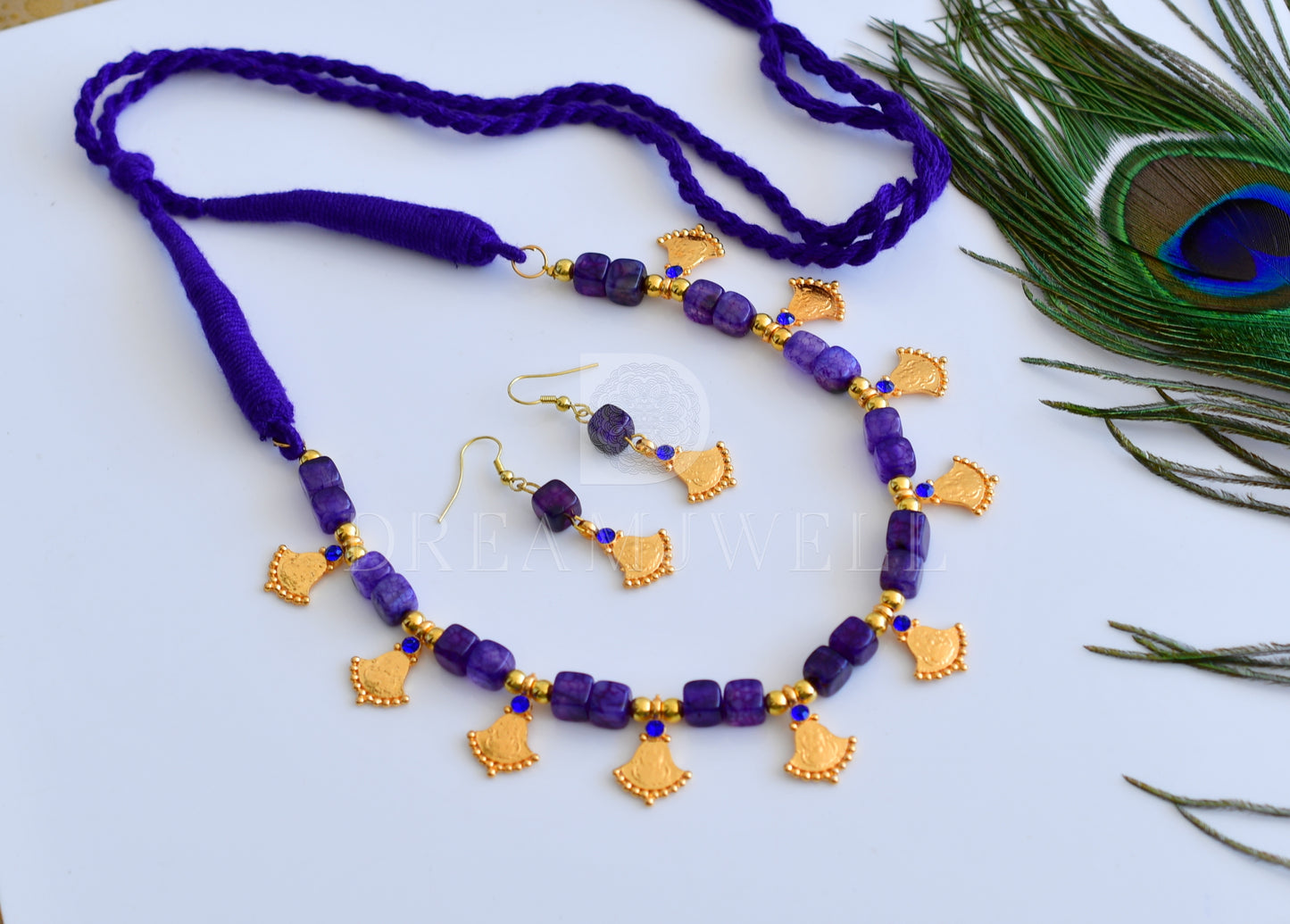 Gold tone purple color beads Lakshmi designer necklace set dj-34877