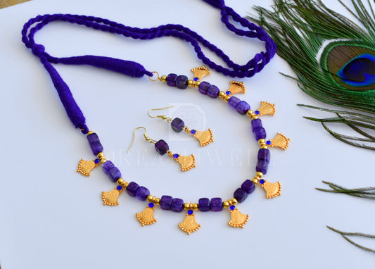 Gold tone purple color beads Lakshmi designer necklace set dj-34877