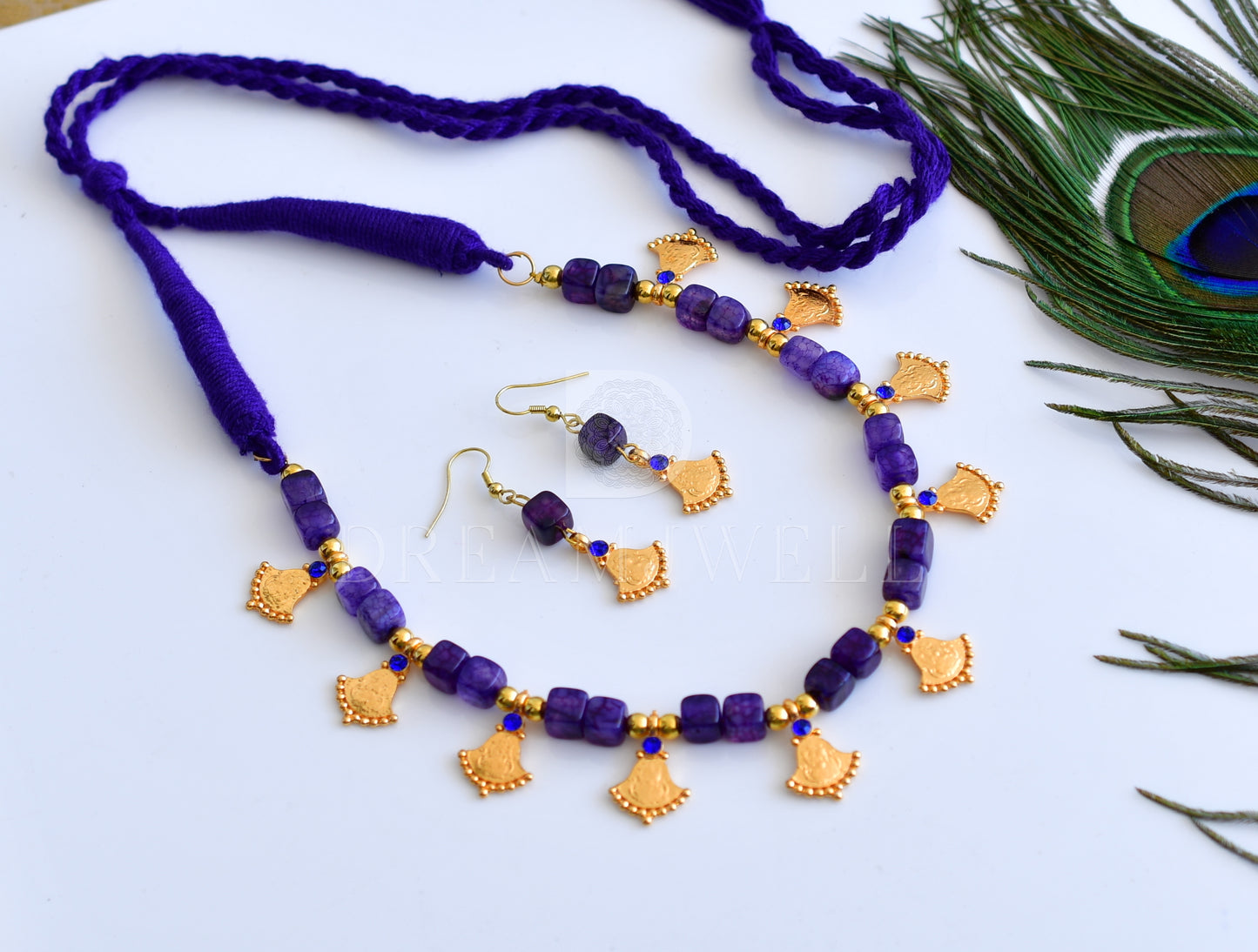 Gold tone purple color beads Lakshmi designer necklace set dj-34877