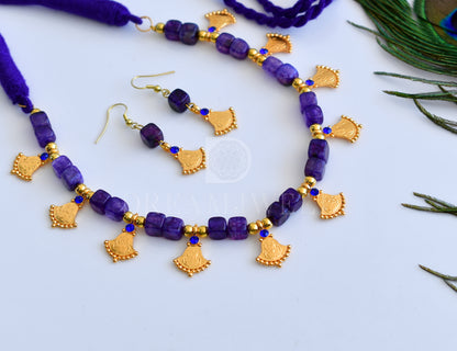 Gold tone purple color beads Lakshmi designer necklace set dj-34877