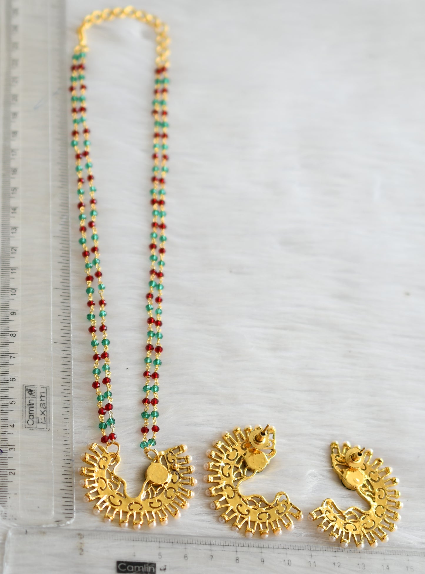 Antique white stone red-green beads chain necklace set dj-41074