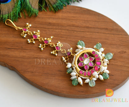 Gold tone kundan jadau pink-white tikka dj-36355