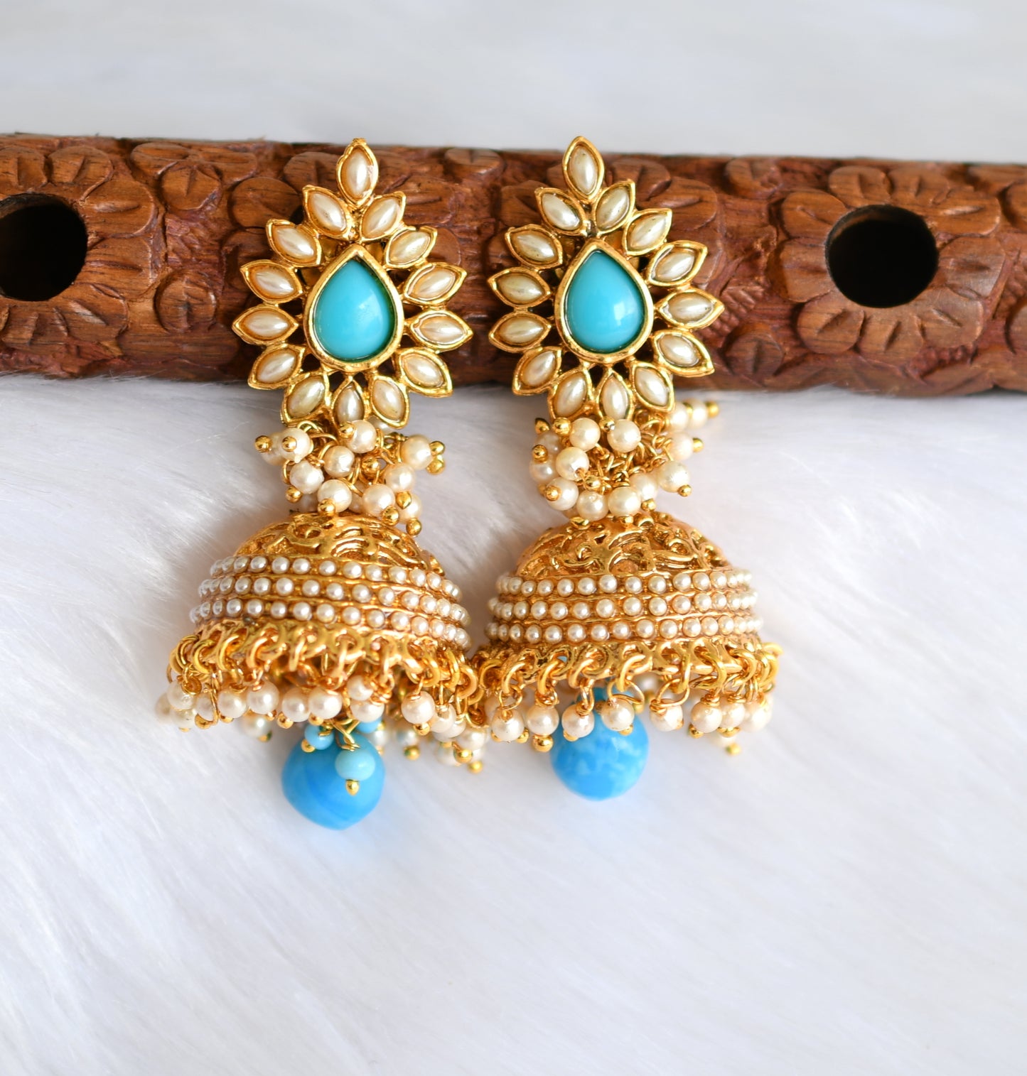 Antique gold tone pearl Turquoise blue jhumkka dj-02281