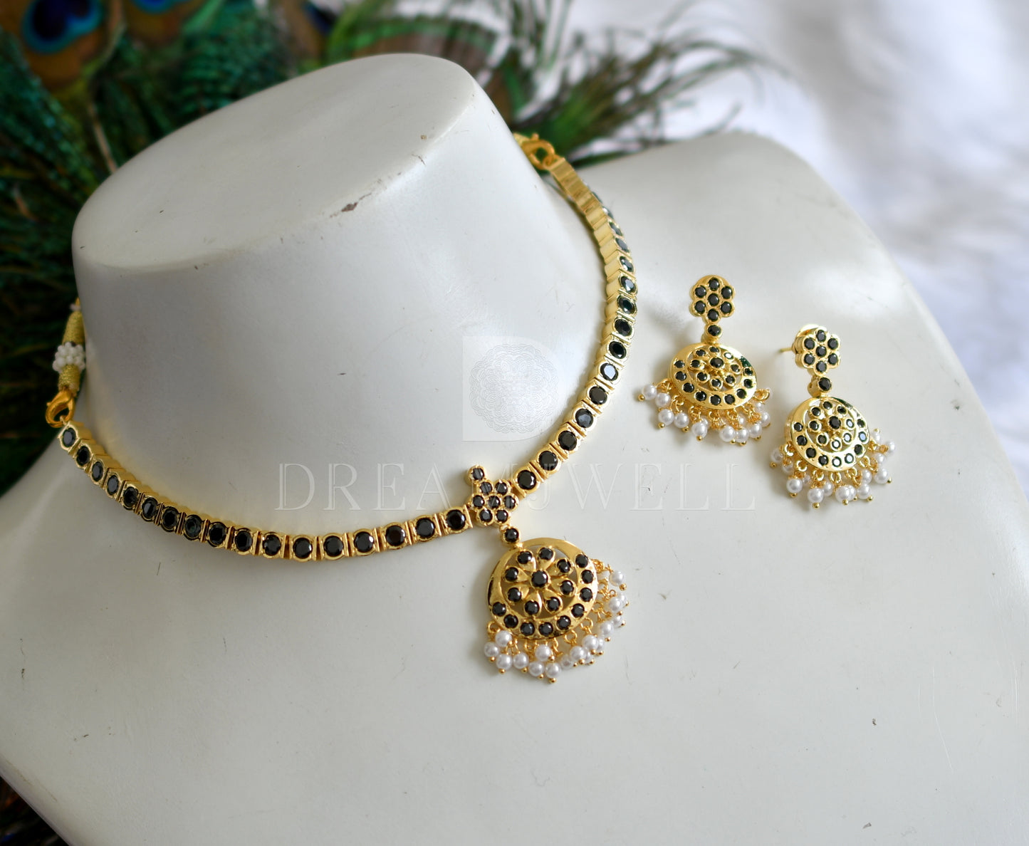 Gold tone south indian style black attigai set dj-34633