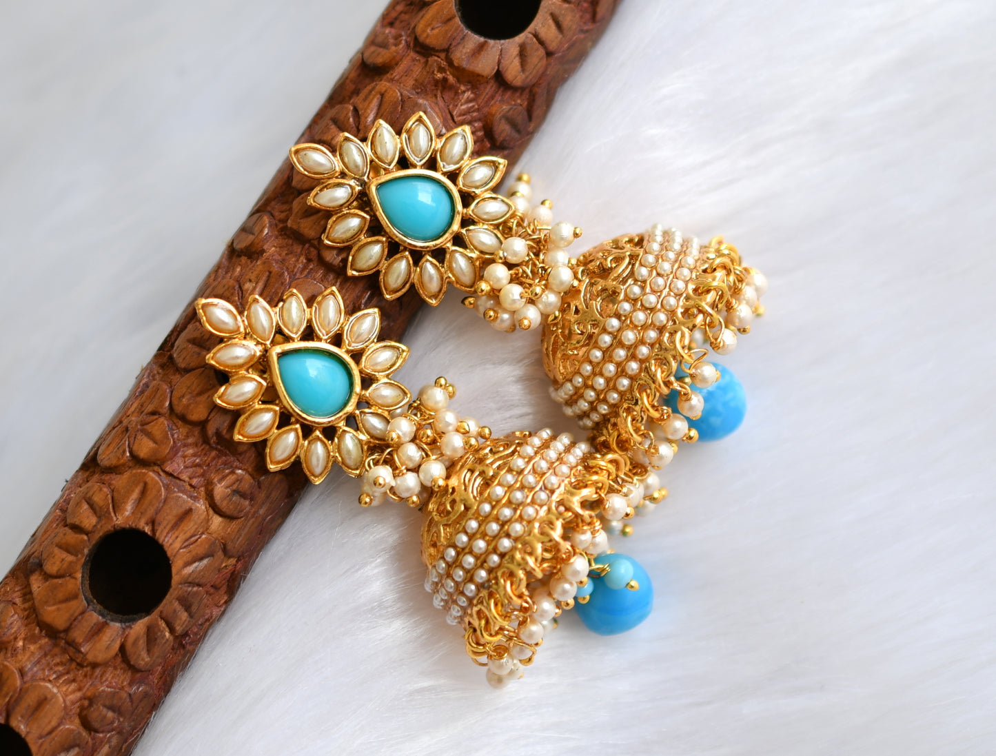 Antique gold tone pearl Turquoise blue jhumkka dj-02281