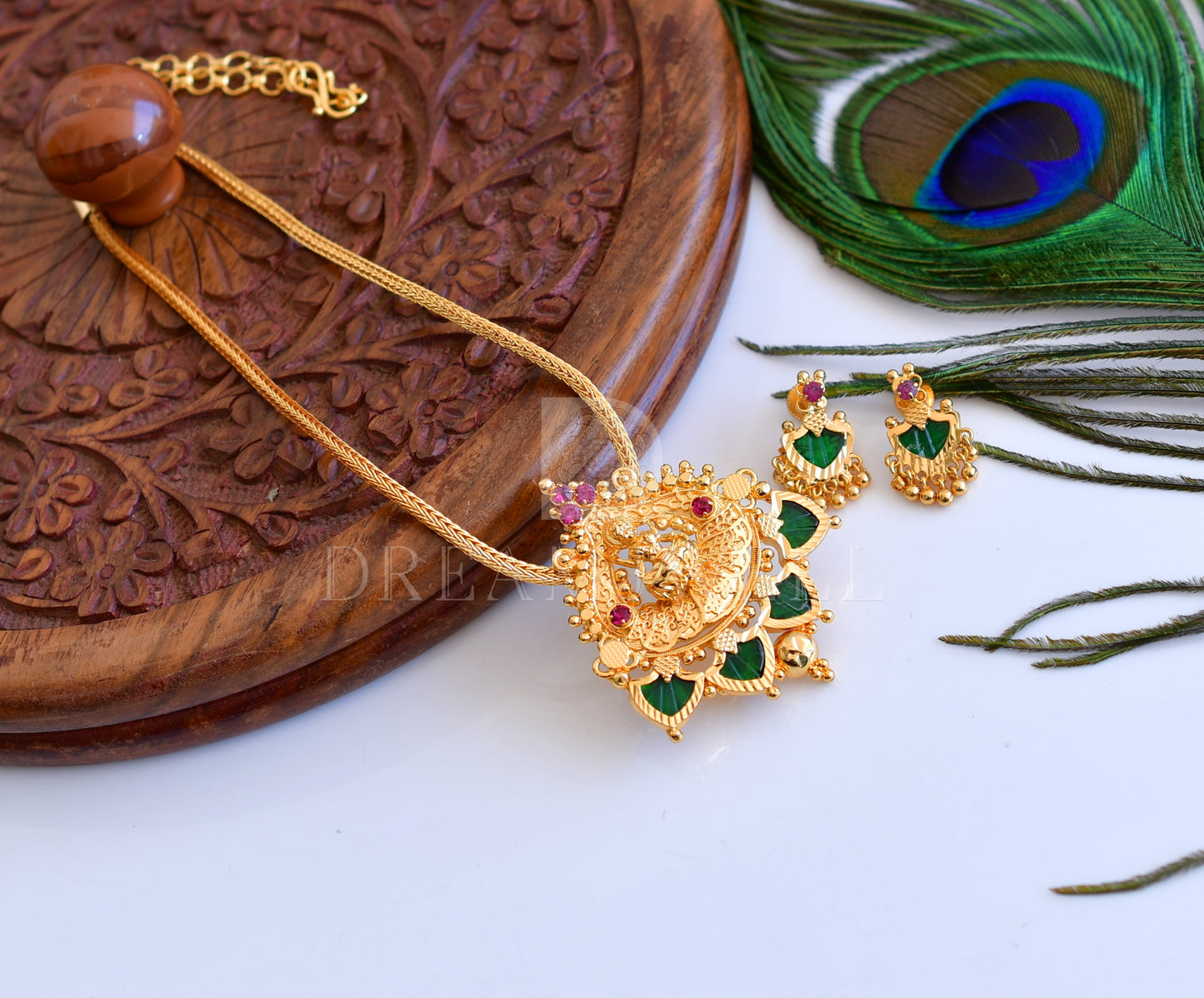 Gold tone pink-green palakka Lakshmi designer necklace set dj-35571