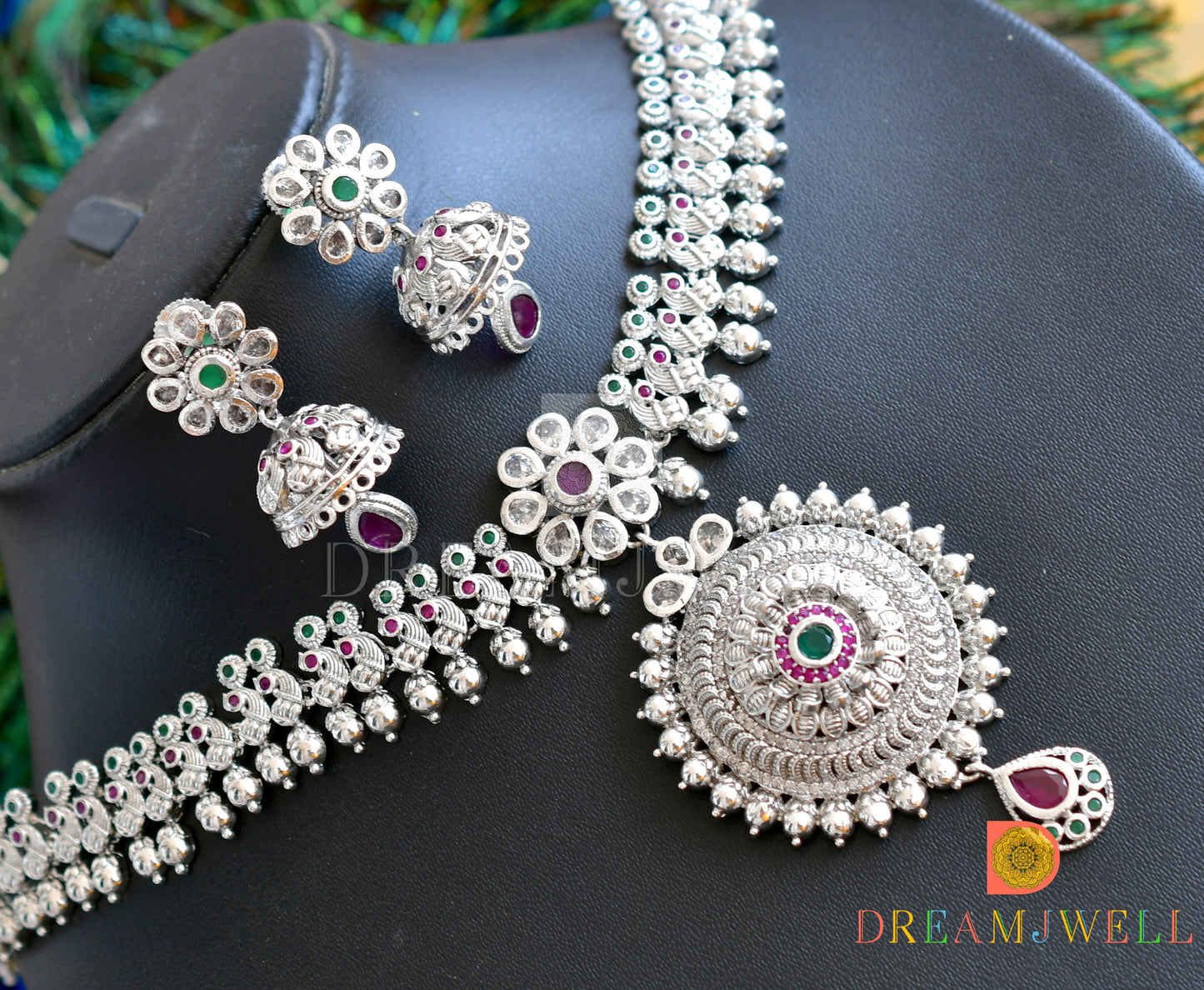 Silver Tone Ruby-green Designer Haar Set dj-31057