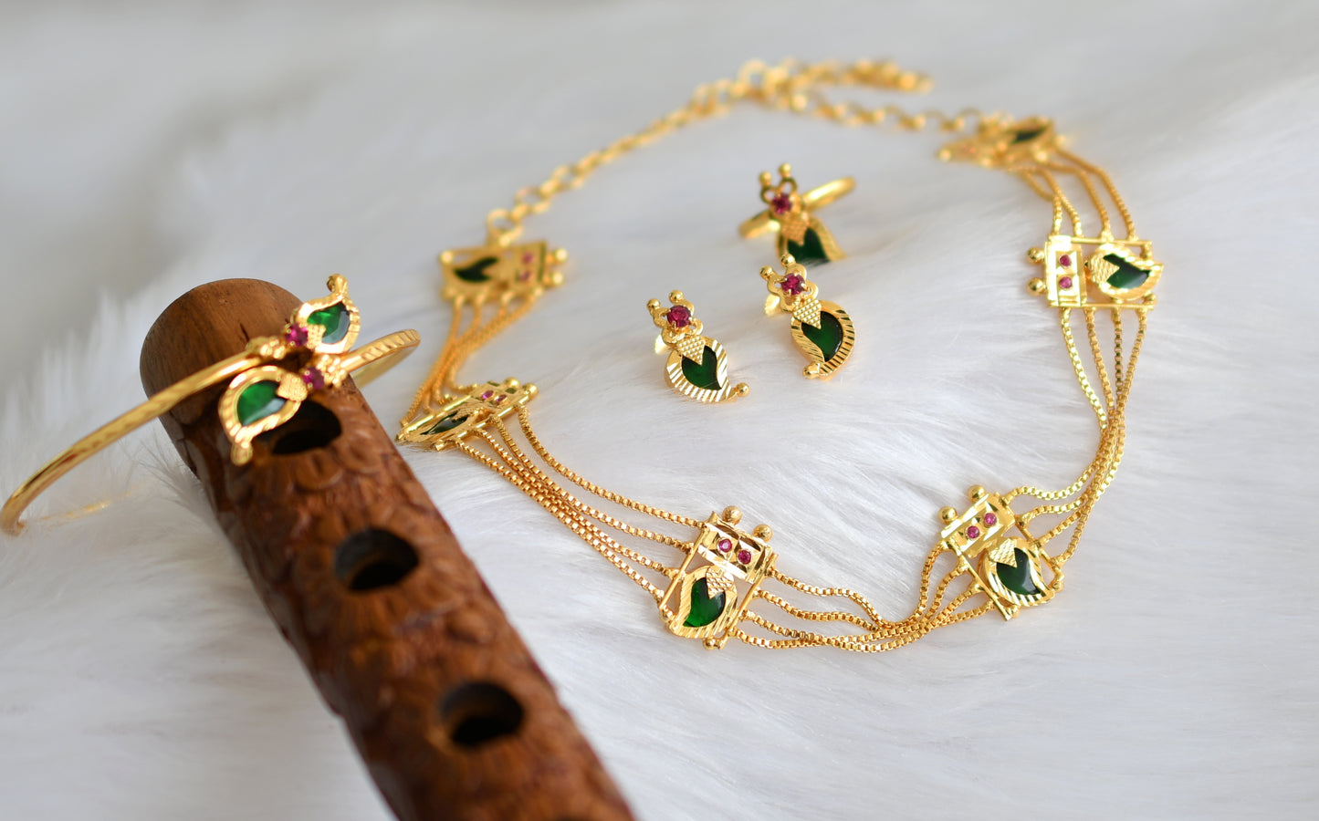 Gold tone pink-green mango Kerala style choker necklace set with finger ring and kada dj-39456