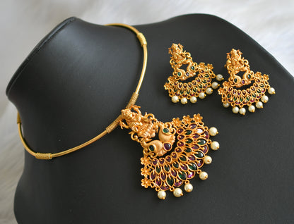 Matte finish kemp-green stone Lakshmi-peacock hasli necklace set dj-41070