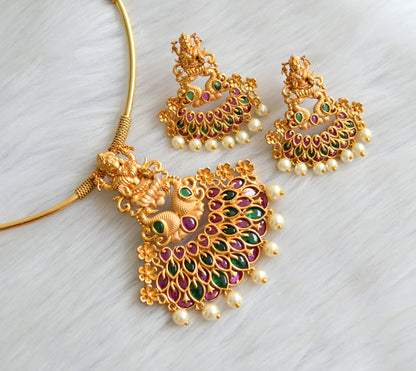 Matte finish kemp-green stone Lakshmi-peacock hasli necklace set dj-41070