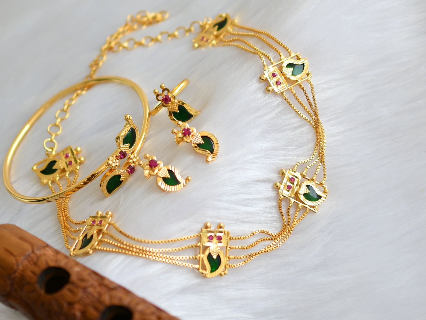 Gold tone pink-green mango Kerala style choker necklace set with finger ring and kada dj-39456