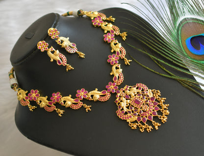 Gold tone ruby peacock necklace set dj-01927