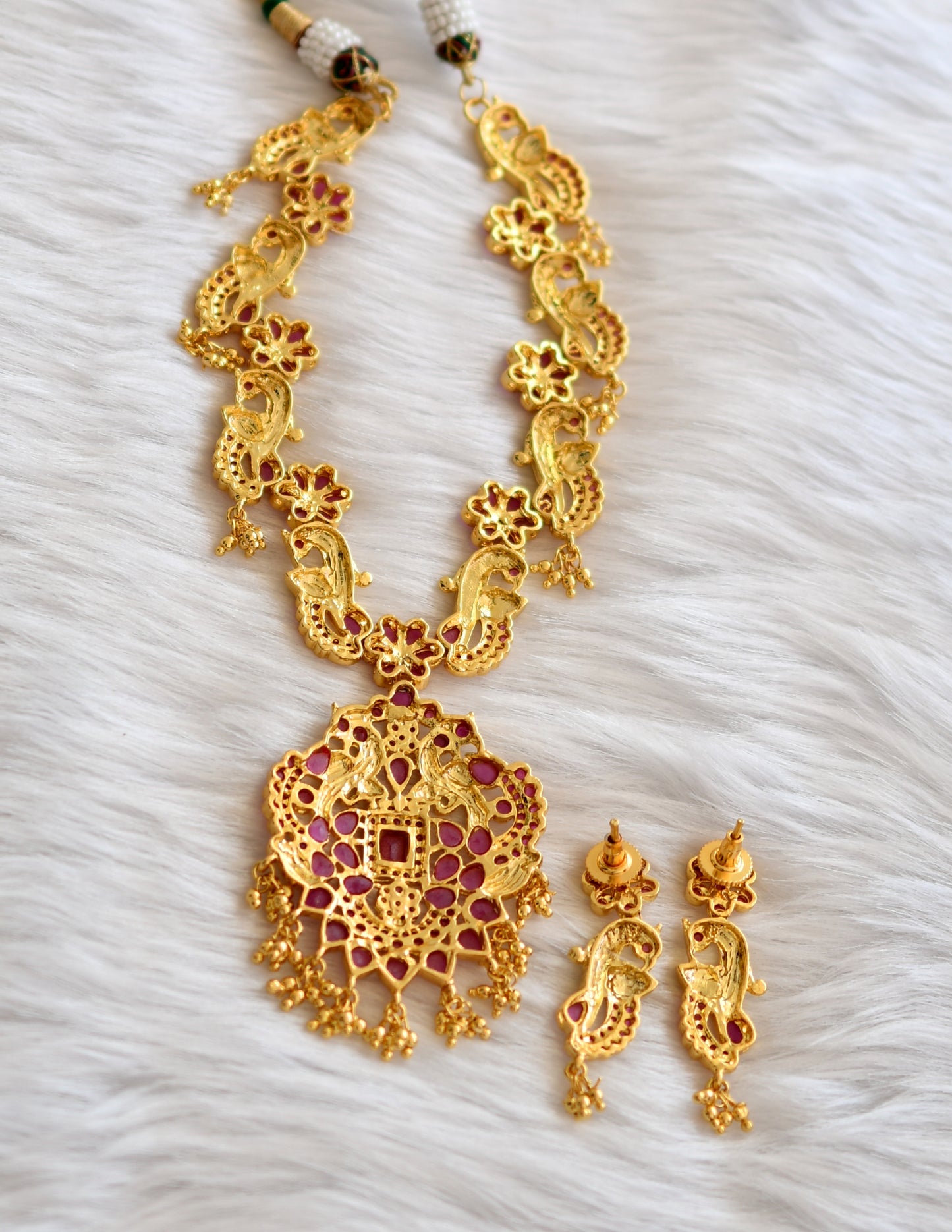 Gold tone ruby peacock necklace set dj-01927