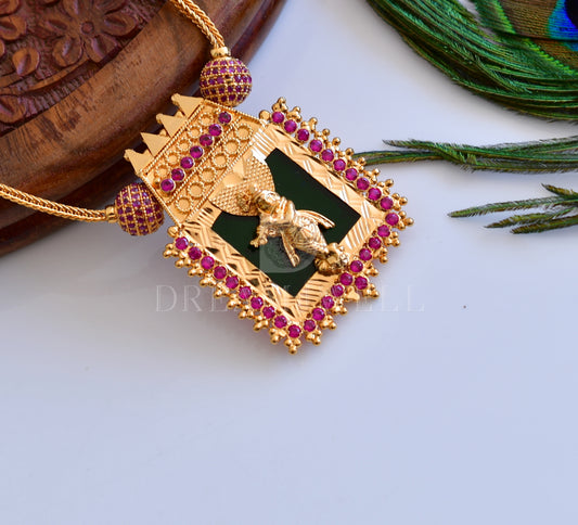 Gold tone pink-green Krishna designer necklace dj-35574