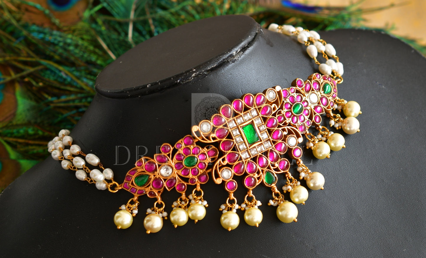 Gold tone pink-green kundan jadau rice pearl choker dj-37098