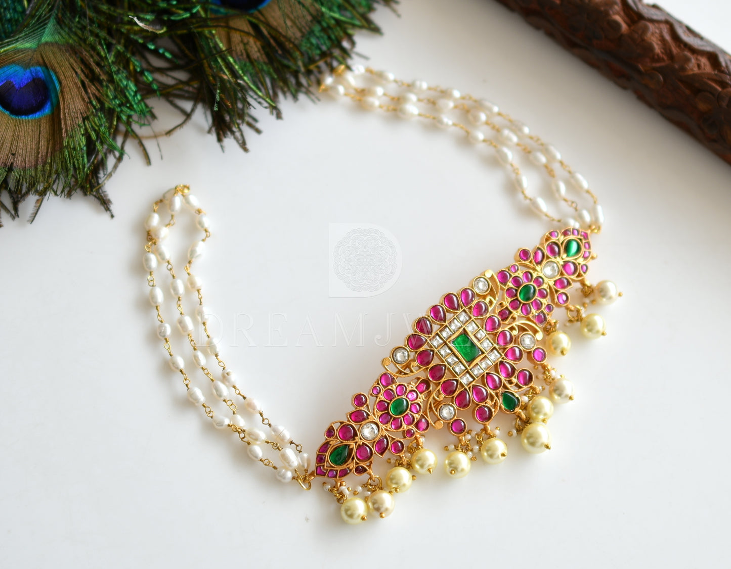 Gold tone pink-green kundan jadau rice pearl choker dj-37098