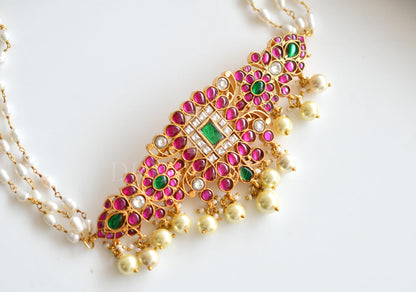 Gold tone pink-green kundan jadau rice pearl choker dj-37098