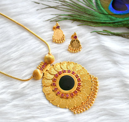 Gold tone kerala style pink-green round coin necklace set dj-34358