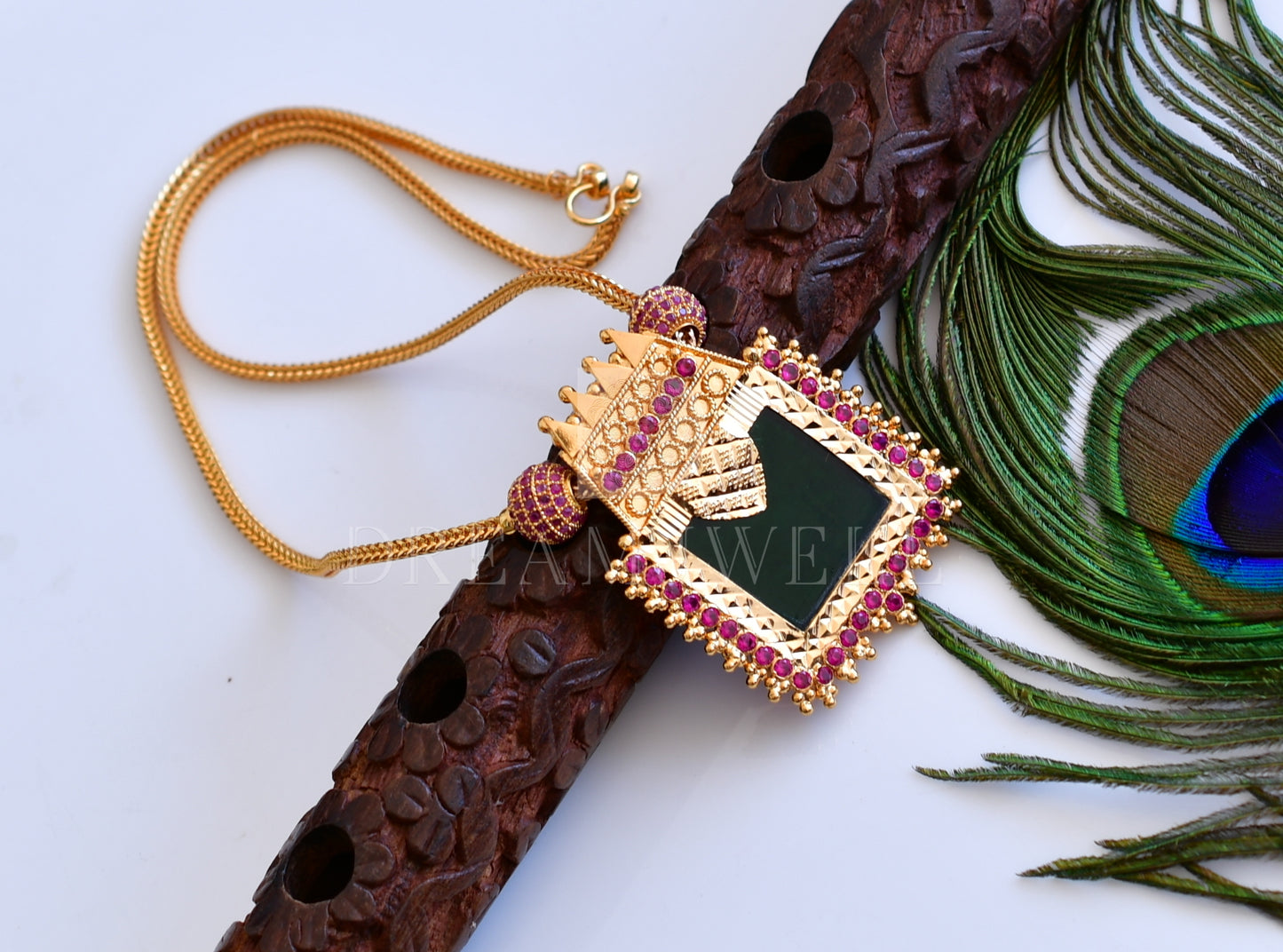 Gold tone pink-green Kerala style necklace dj-35577