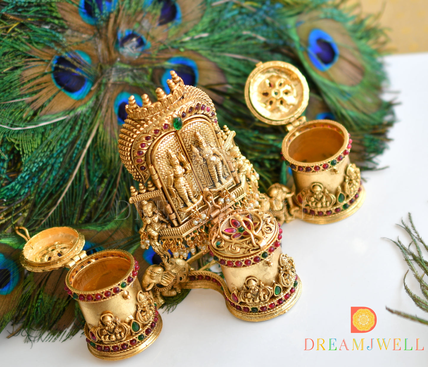Antique gold tone kemp-green Radhe-Krishna designer kumkum box dj-36362
