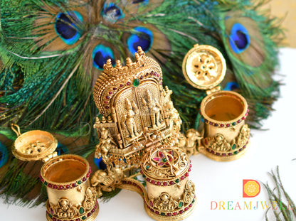 Antique gold tone kemp-green Radhe-Krishna designer kumkum box dj-36362
