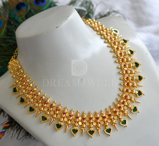 Gold tone ruby green palakka mulla necklace dj-34073