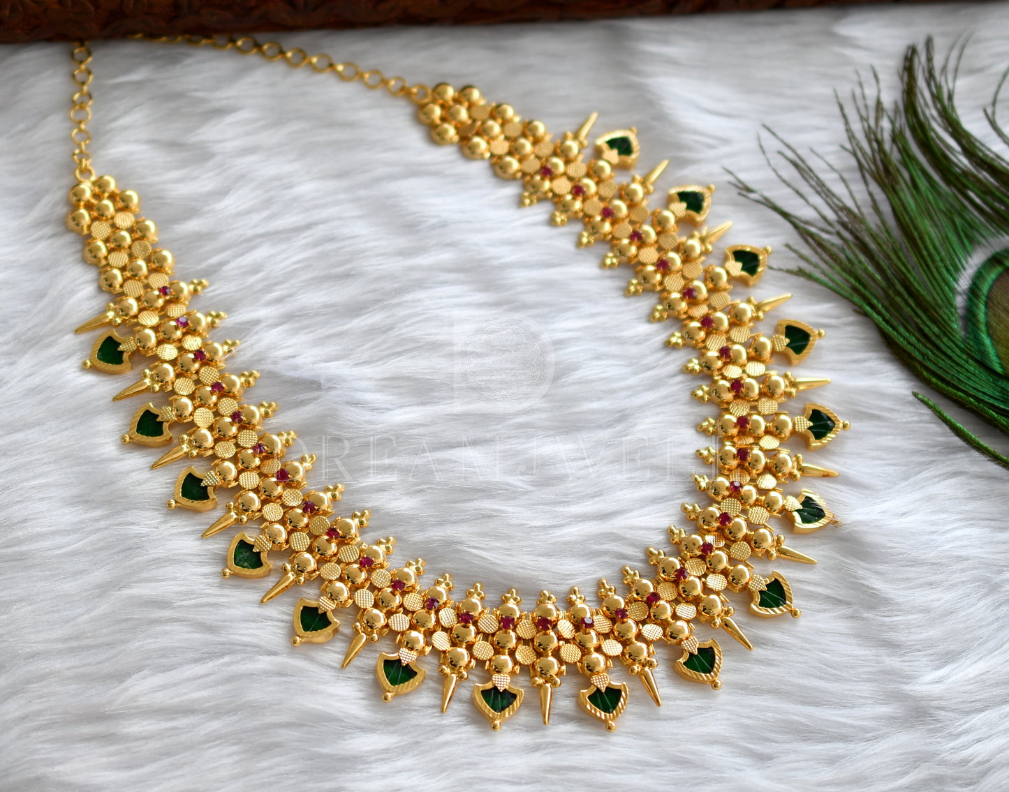 Gold tone ruby green palakka mulla necklace dj-34073